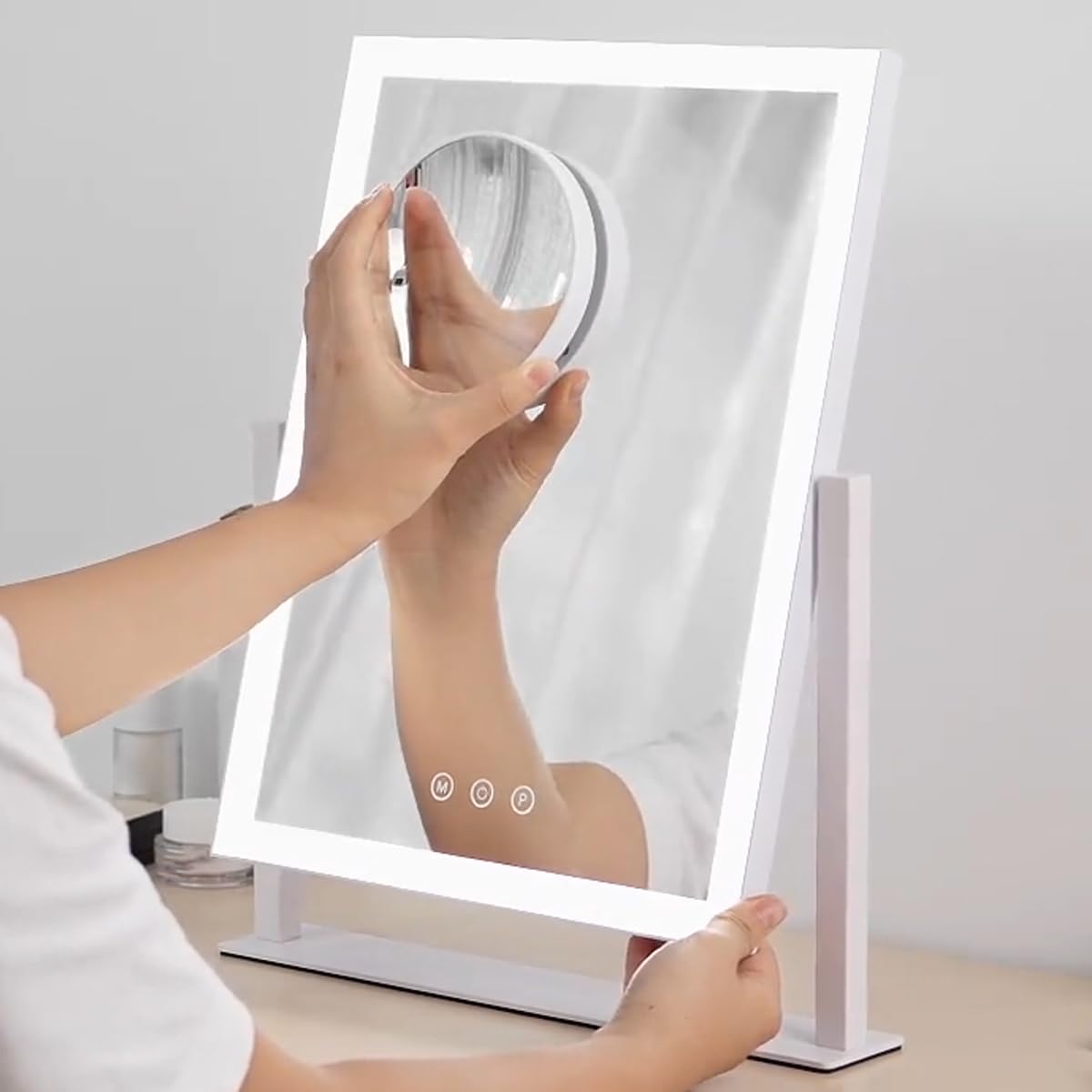 HIEEY Lighted Makeup Mirror, Hollywood Vanity Mirror with Lights, Three Color Lighting Modes, and 5X Magnification Mirror, Smart Touch Control, 360°Rotation (17.3in,White,Gift Box)