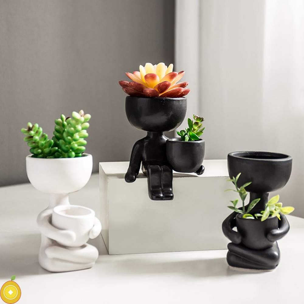 DIYOMR Humanoid Ceramic Flower Pot Succulent Cactus Bonsai Planter Pots Container, Ceramic Crafts Vase Home Office Decoration Desk Window Sill Decor,Not Include Plants (Black-B)