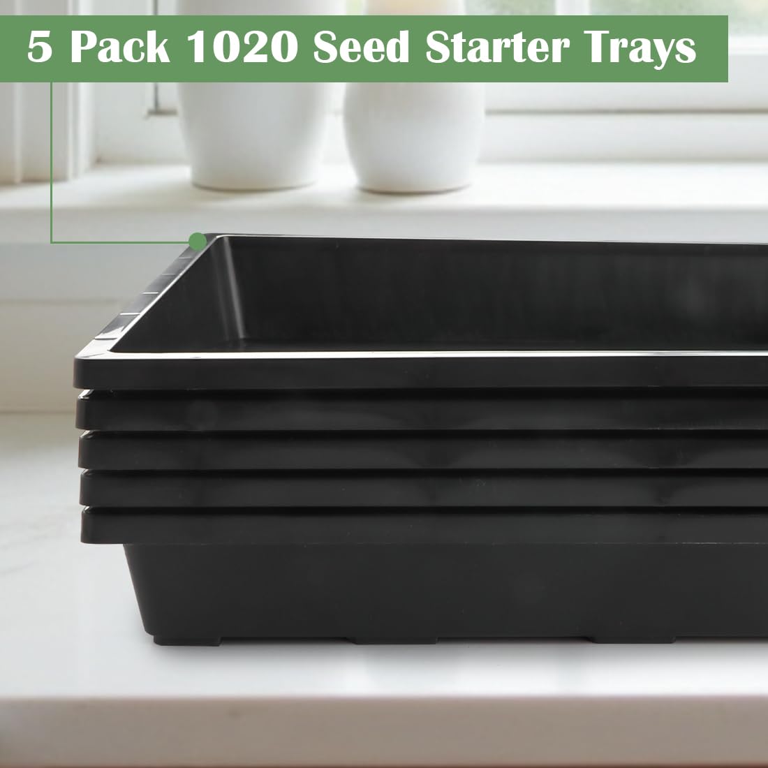 RooTrimmer 1020 Nursery Pot Trays 5 Pack, Plastic Flat Seed Starter Tray, Reusable Seedling Starting Tray for Holding and Carrying Plant Pots (Black)
