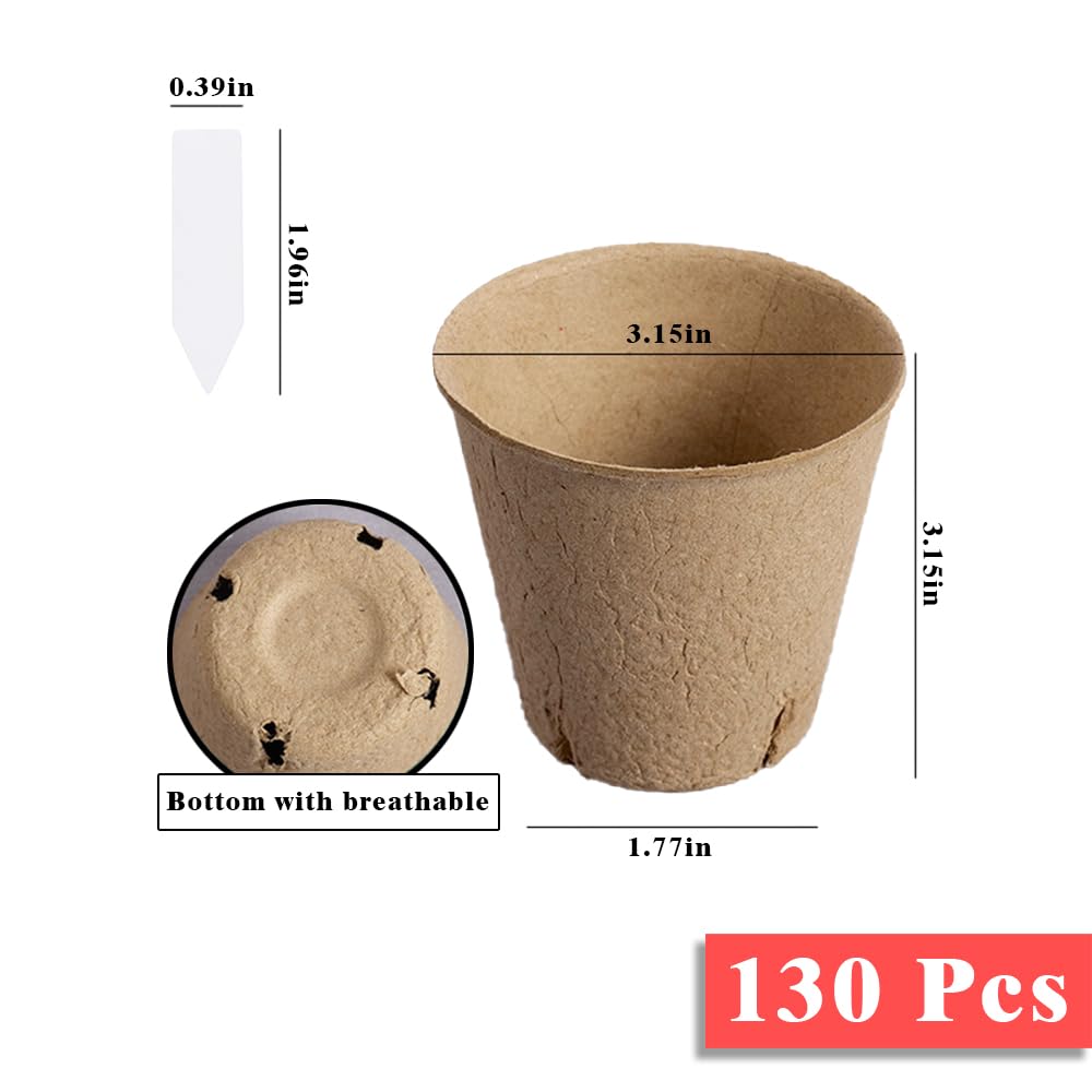 Fancypost 130 Pcs 3.15 Inch Organic Peat Pots with Drainage Holes - Biodegradable Seed Starter Pots for Seedlings, Plants & Garden Germination - Includes 130 Planting Labels