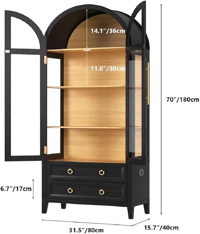 Arched Curio Cabinet with Glass Doors, 4-Tier Display Cabinet with 2 Drawers