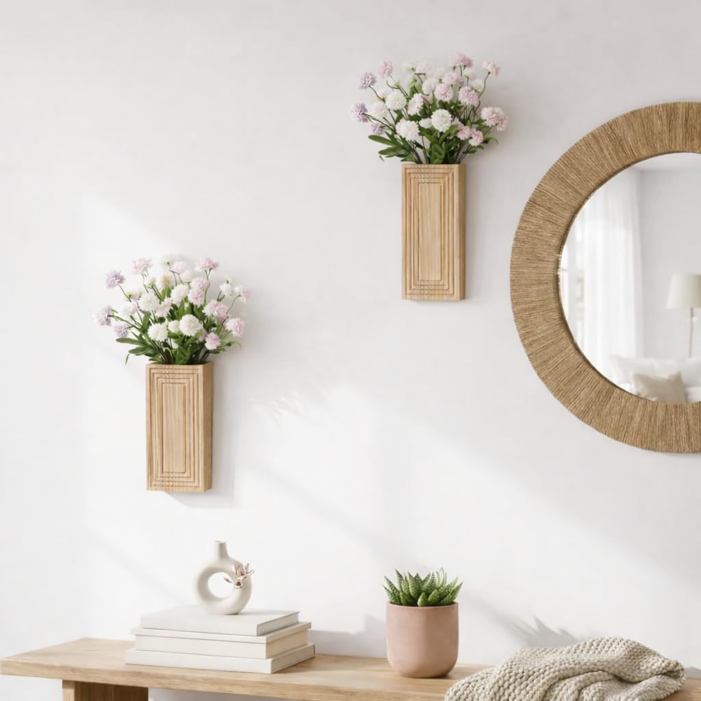 FancyPlus Wooden Wall Planter Vase,2 Pack Natural Wood Hanging Planter for Indoor Fake Plants Modern Boho Farmhouse Wall Art Decor for Home Kitchen Modern Farmhouse Bathroom Living Room Dining Room