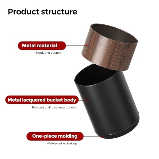 3.1GAL Modern Metal Waste Bin with Realistic Wood Texture,Built-in Bag Holder,Open-Top Trash Bin for Bathroom,Home,Office,Living Room (3.1gal Round)