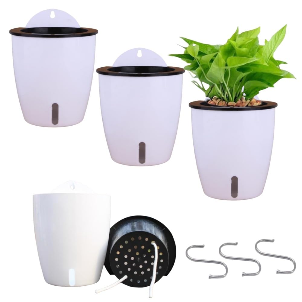 DODXIAOBEUL Visible Water Level Self Watering Planter,Hanging Planters,Wall Mounted Plants Holder,Small Flower pots Indoor Out Flowerpot with 3 Hooks Plastic Pots for Plants 3 Pack (White, 5.5inch)