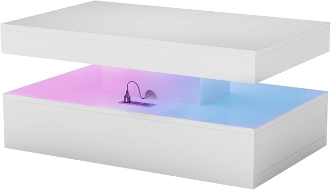 39” High-Glossy LED Coffee Table with 2 Sliding Drawers, Living Room Storage Coffee Tables, Modern Stylish Double-Layer Center Tables with LED Lights, White