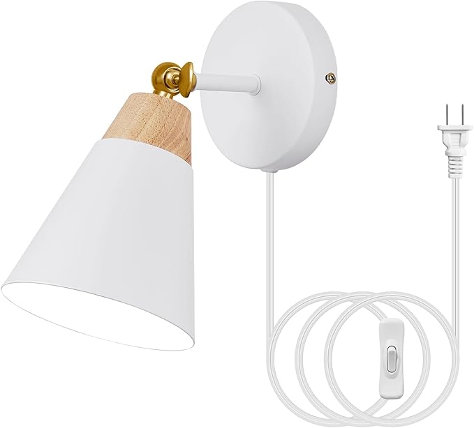Wall Sconce with Metal Shade, Plug Switch, Indoor Decor Wall Mount Swing Arm Lamp for Bedroom,Hallway,Living Room,Reading, White