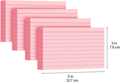 Pink Index Cards 3x5, 200 Pack, Ruled Index Cards, Flash Cards for Studying, Heavy Note Cards for Office, Home and School, 4 Packs of 50