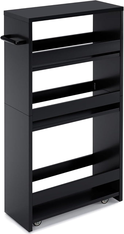 MARTY Slim Rolling Storage Cart 4-Tier Kitchen Cart with Wheels, Laundry Room Storage with Handle Slide Out Utility Cart Shelving Unit Organizer Trolley for Narrow Places Bathroom Small Corner, Black