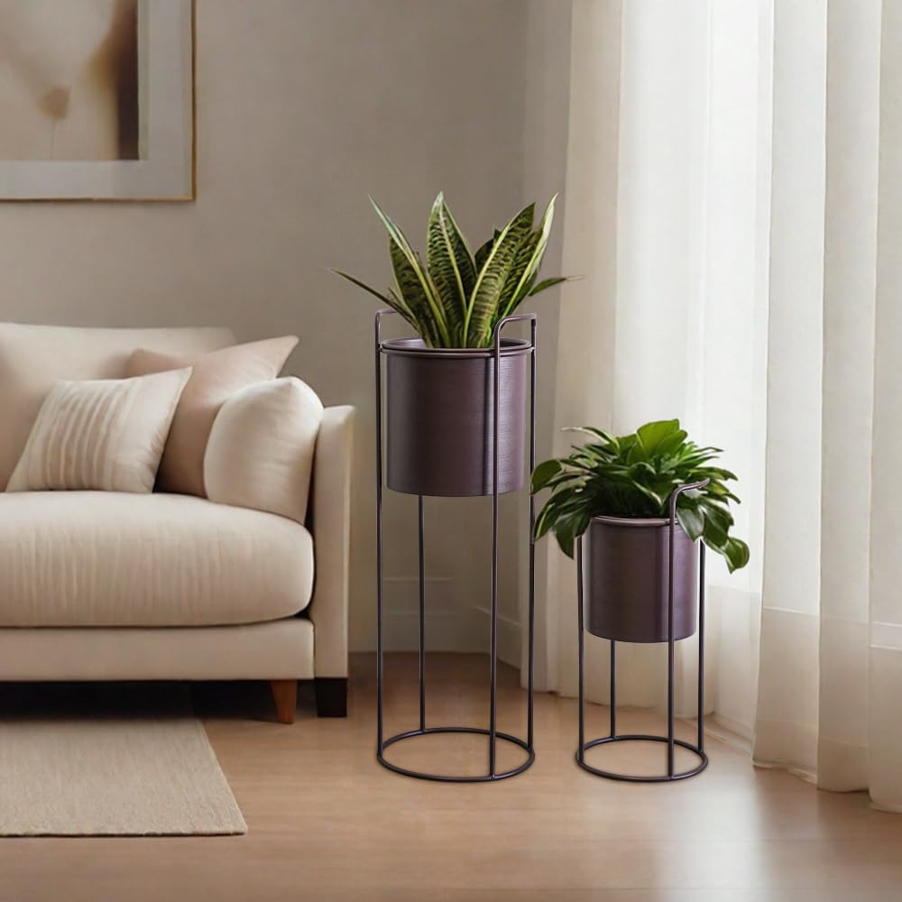 TRIROCKS Set of 2 Planters with Stand Large Metal Planter for Indoor Plants 28 &18" H Plant Pots for Living Room Corner Kitchen Office Garden Balcony Patio Decor(Brown)