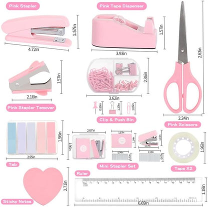 Office Desk Accessories, Pink Office Supplies Set Desk Accessories for Women, Cute Office Supplies with Stapler, Mini Stapler, Staple Remover, Tape, Clips, Scissor and Tabs, Stationary Set for Student