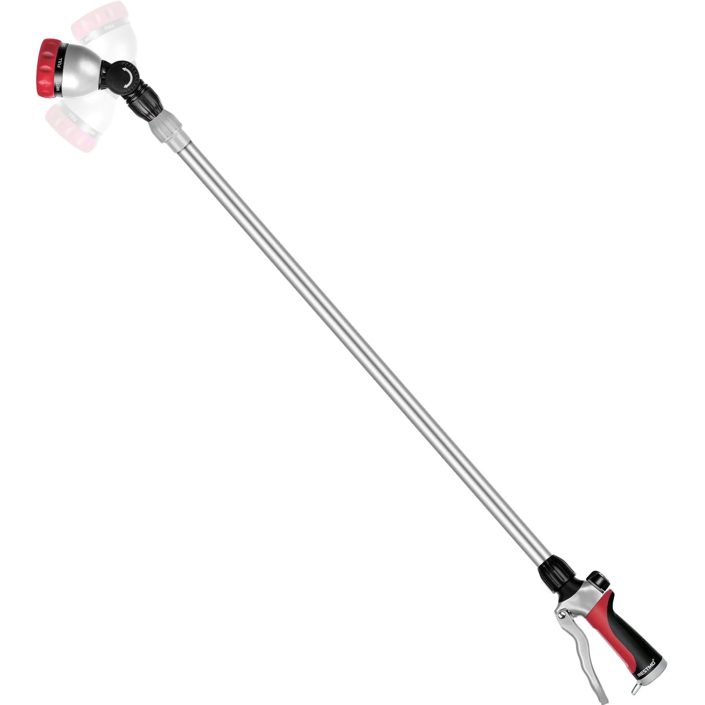 RESTMO 36”-60” Metal Watering Wand, Long Telescopic Tube | 180° Adjustable Ratcheting Head | 7 Spray Patterns | Flow Control, Perfect Garden Hose Sprayer to Water Hanging Baskets, Shrubs, Red