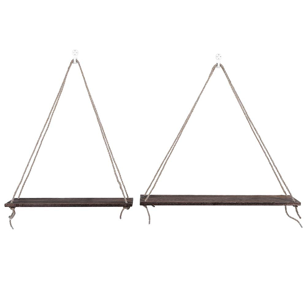 Eeneme 2 x Wooden Hanging Rope Hanging Plant Flower Pot Shelves Home Decorations (Retro Colour)