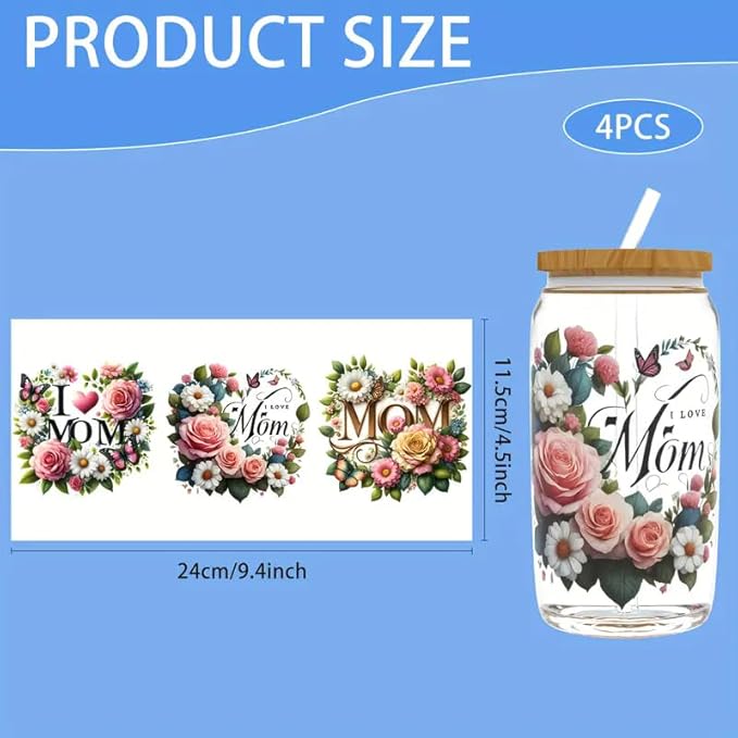 4pcs Mother's Day Series Design UV DTF Cup Wraps Winter UV DTF Transfer Sticker