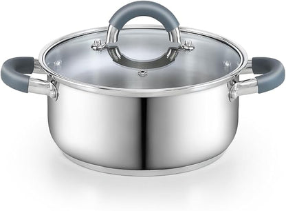 Cook N Home Basics 3 Quart Stainless Steel Stock Pot with Lid, Cooking Pot for Pasta, Soup, Stay-Cool Silicone Handle, Stockpot with Even Heating, Oven Safe, Cookware for Canning, Boiling, Simmer
