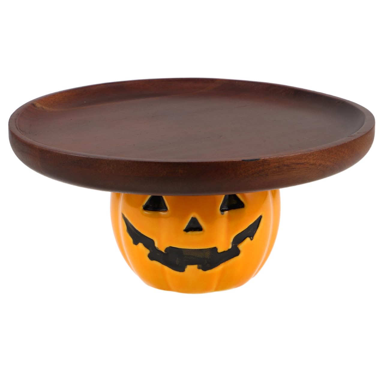 STOBAZA Halloween Pumpkin Serving Tray Rustic Wooden Dessert Platter with Ceramic Stand for Party Snacks Bread Candy Display 8.46X8.46X3.94 Inches