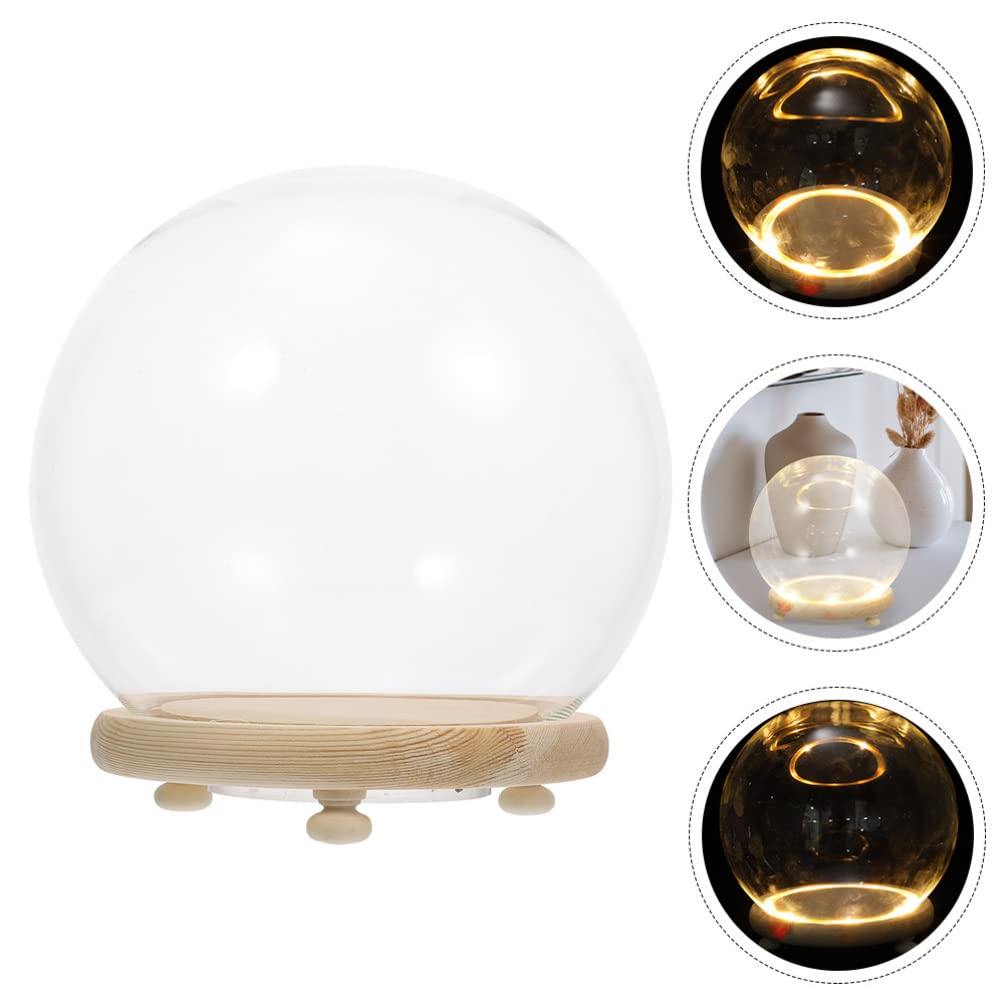 EXCEART Glass Dome with Wooden Base 4 Inch Clear Display Cover Ornament for Home Decor Featuring Led Lighted Preserved Flower Container Micro Landscape Display