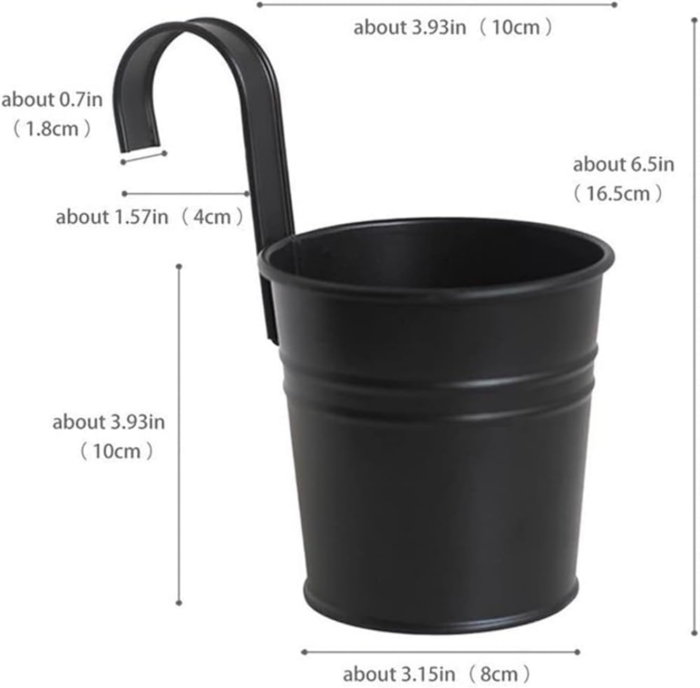 XZJMY 5 Pcs Hanging Flower Pots Metal Iron Bucket Planter Pot Metal Bucket Flower Holder with Hook Indoor Outdoor Decor for Railing Fence Balcony Garden (Black)