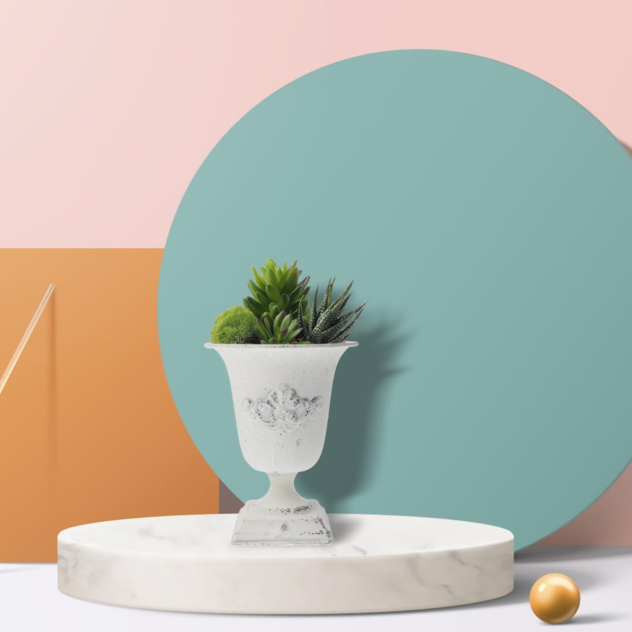 POPETPOP Tall Metal Urn Planter: 7.47" Distressed White Pedestal Vase for Floral Arrangements, Rustic Farmhouse Flower Pot for Wedding Centerpiece, Home Decor
