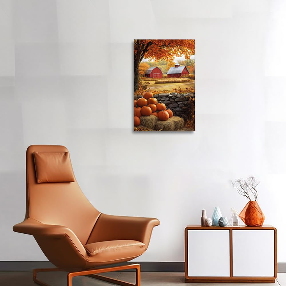 CGXLB Autumn Pumpkin Patch Wall Art Rustic Farmhouse Paintings Barn Harvest Picture Countryside Seasonal Canvas Prints Fall Decor for Living Room Dining Room 12"x18"