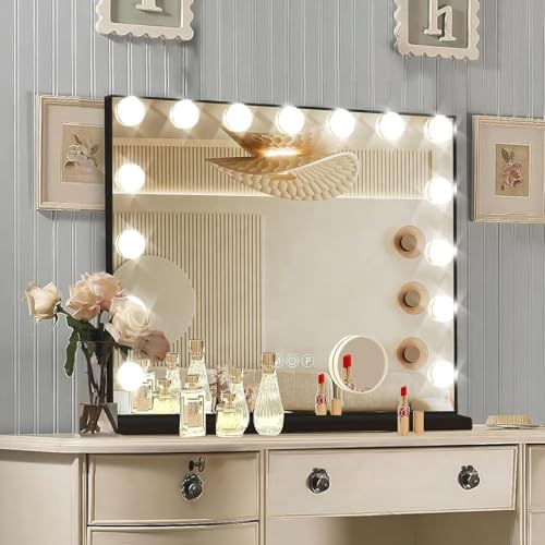 Hollywood Vanity Mirror with Lights, 15 Dimmable Bulbs, 3 Color Lights,Make Up Lighted Mirror, Aluminum Metal Frame, USB Charging Port（23" x 18"）