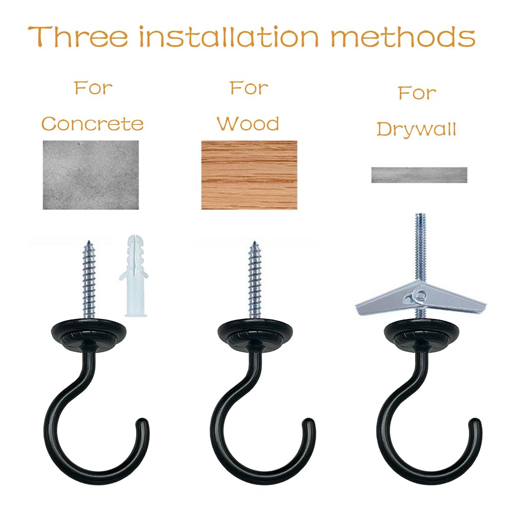 Lizntiate Ceiling Hook Large Swag Heavy Duty Hook with Hardware for Hanging Plants Ceiling Easy Installation Cavity Wall Dry Wall Indoor & Outdoor (4 Sets Black)