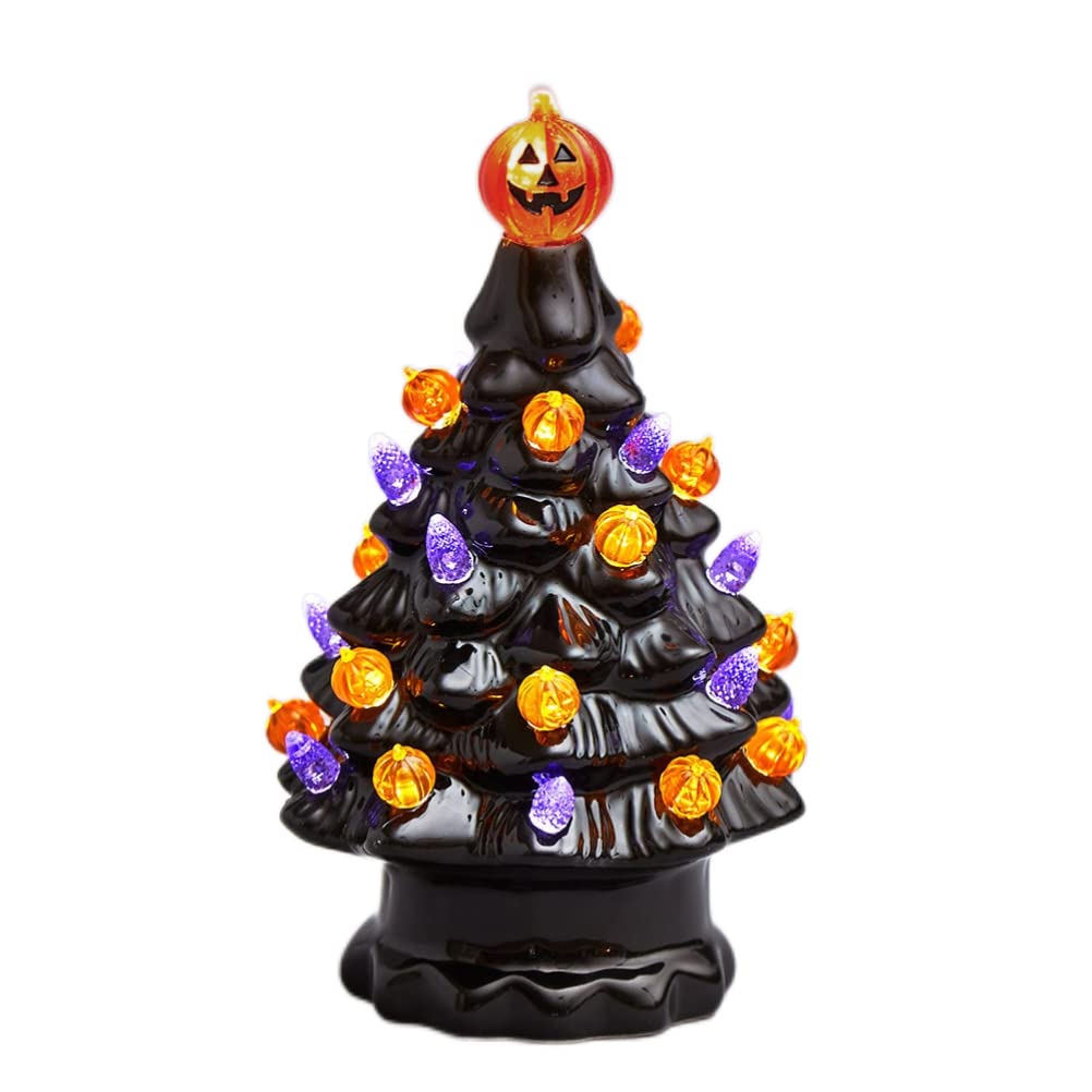 Halloween Ceramic Tree Decorations, Lighted Black Ceramic Tree with Glowing Pumpkin Lights Battery Powered Tabletop Lamp for Indoor Home Office Halloween Fall Decor, 3.94x6.81in