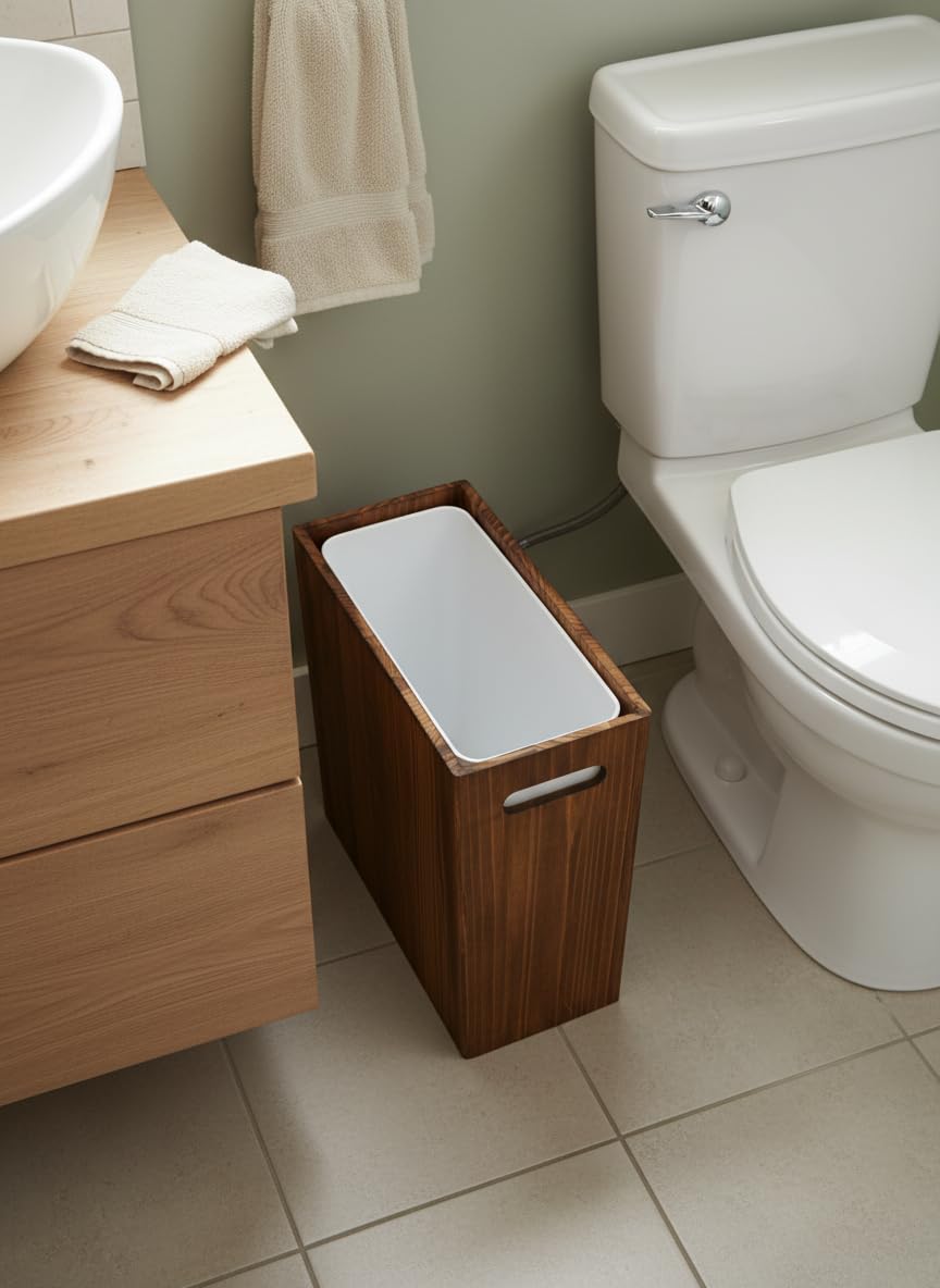 Coeusy 3 Gallon Wooden Trash Can with Liner,Small Solid Wood Bathroom Trash Can,Narrow Garbage Can,Decorative Waste Basket for Bathroom,Bedroom,Office