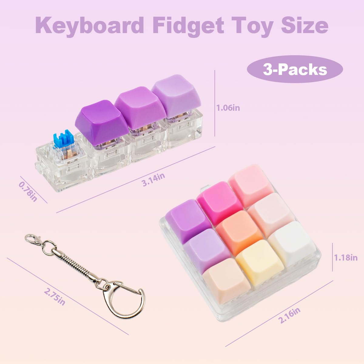 3 Pcs Keyboard Fidget Toy for Adults, Loud Clicky Keyboard Fidget Keychain, Button Fidget Clicker Stress Relief Sensory Toys for Anxiety Decompression Gift (Purple Pink)