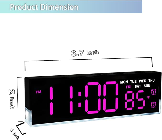 7-Inch Modern LED Digital Alarm Clock with Dual Alarms & Soft Bottom Light｜Displays Time, Date, Day, Temperature｜3-Level Auto/Manual Brightness, DST, USB or Battery Powered Desk Clock,Rose-Red