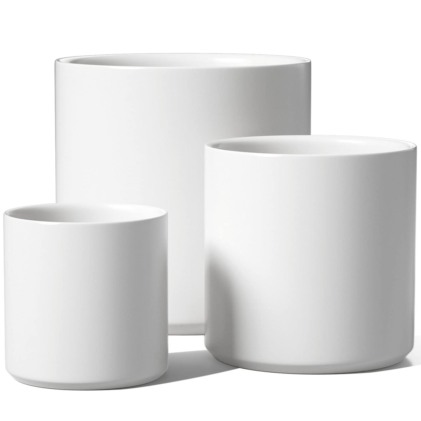 LE TAUCI Ceramic Pots for Plants, 10/8/6 Inch Indoor Planters with Draiange Hole, Silicone Plug & Mesh Pad, Modern Minimalist Pots for Home Office, Set of 3, Satin, White