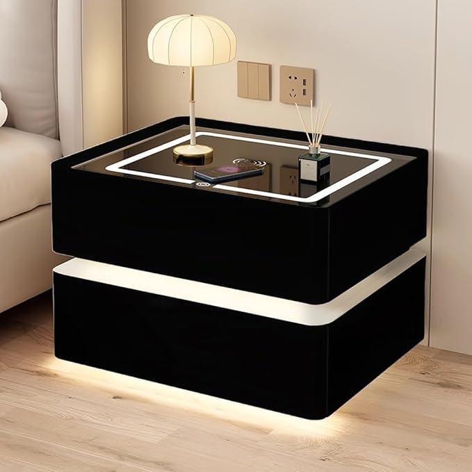Modern Smart Nightstand with Wireless Charging with LED Sensor Light, Smart