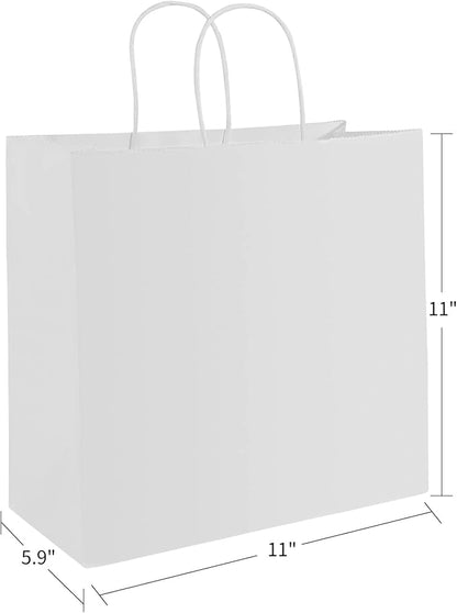 PAICUIKE 50 Pcs White Kraft Paper Bags with Handles, 11x6x11 Inch Shopping Gift Bags for Valentine’s Day, Retail, Parties, Weddings, Birthdays, Gift Packaging