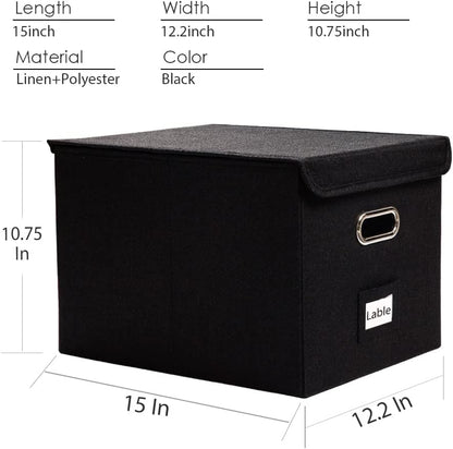 PRANDOM File Organizer Box - Set of 2 Collapsible Decorative Linen Filing Storage Hanging File Folders with Lids Office Cabinet Letter Size Black (15x12.2x10.75 inch)