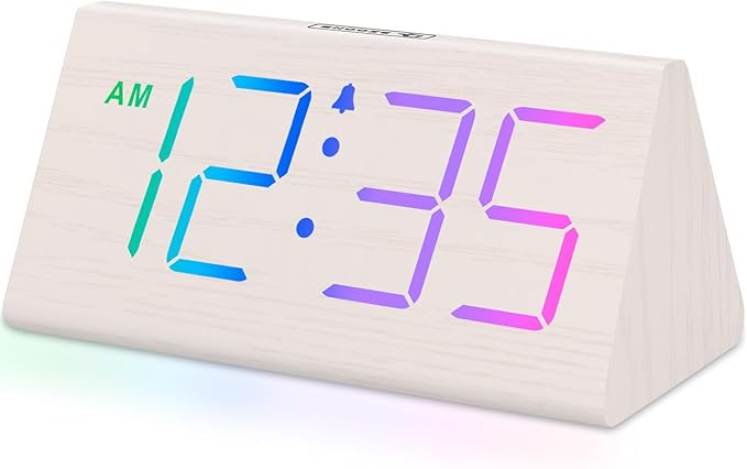 DreamSky Wooden Digital Alarm Clock for Bedroom with RGB Large Numbers | Electric Desk Clock, USB Port, Loud Alarm for Heavy Sleepers, Dimmer and Volume Control, Snooze, Wood Décor, Adapter Powered