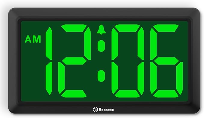 Soobest 9.5 Inch Large LED Digital Wall Clock Battery Operated, Auto & Manual Dimmer Display, Easy to Read 3.2'' Big Digit with Alarm for Seniors, Modern Decor for Living Room, Bedroom, Office (Green)