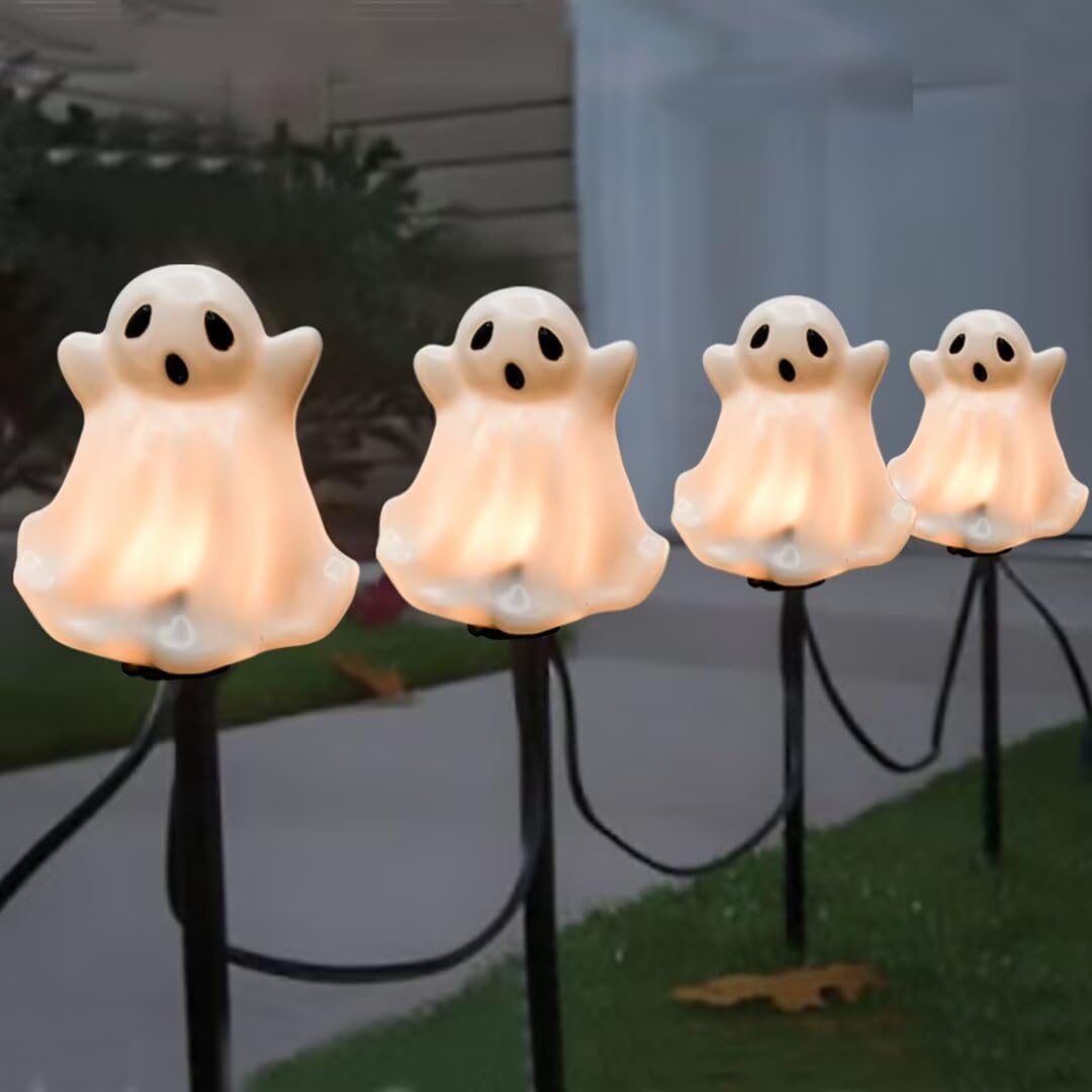 SUNSGNE Halloween Ghost Pathway Lights Outdoor, Set of 4 Ghost Halloween Stake Path Lights with C7 LED Bulbs for Outdoor Yard Walkway Garden Party Decoration