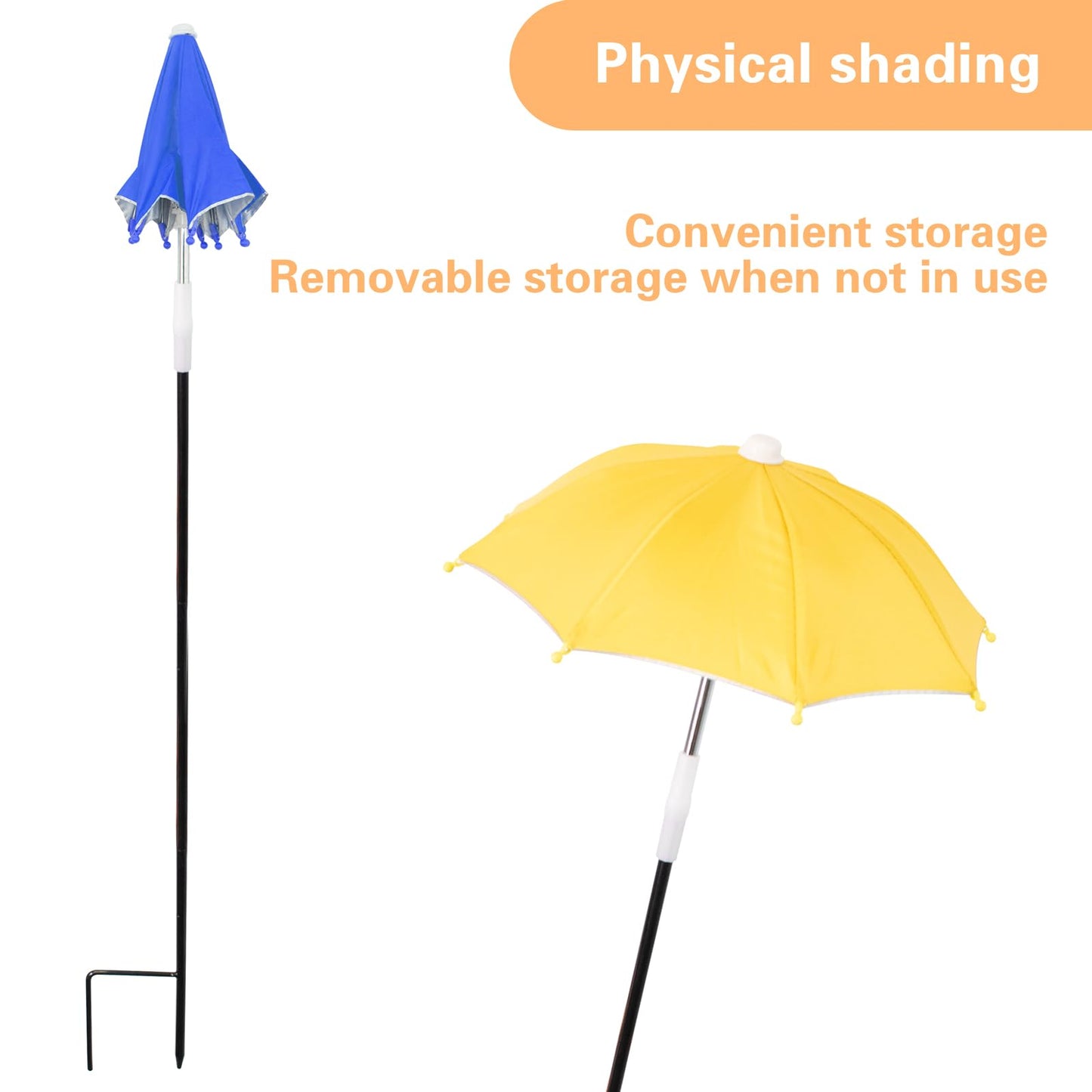 2 PCS Mini Plant Umbrellas, 10.6 Inch Diameter Small Mini Adjustable Height (23.2-31.1 Inch) Shade Umbrella for Outdoor Potted Plants Garden Bed Flower Pot Decor, Blue and Yellow