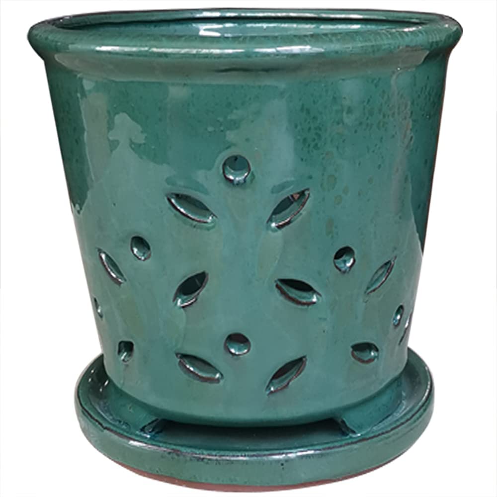 Ceramic Orchid Pots with Holes 6 Inch, Round Green Ceramic Orchid Pot with Saucer, Ceramic Air Plant Pot with Holes, Butterfly Pot Saucer Windowsill Contemporary Home Decoration, Forest Green