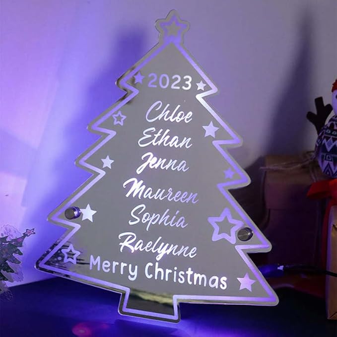VEELU Personalized Custom Name Mirror LED Light Up, Christmas Tree Wall Decor