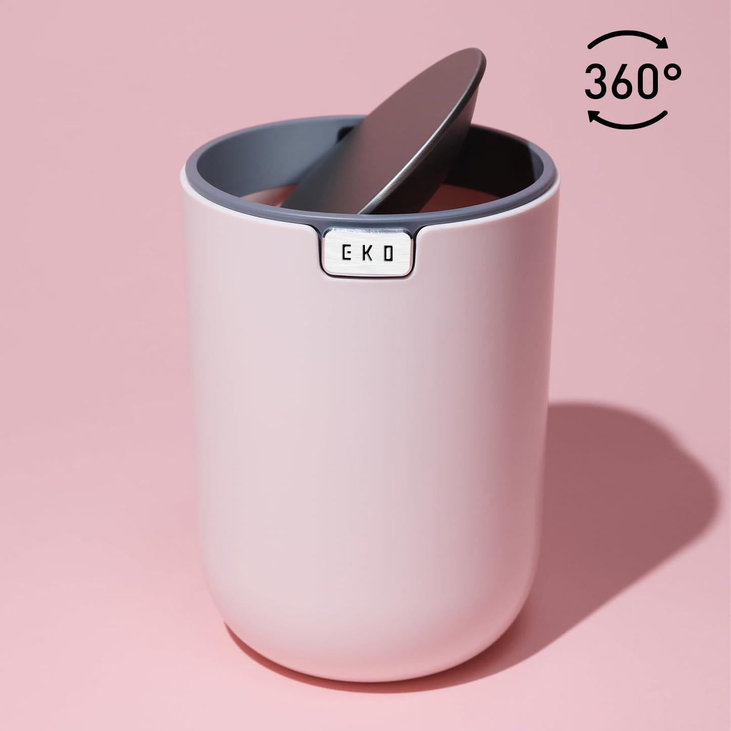 EKO Fandy 0.4 Gal/1.5L Mini Tabletop Trash Bin with Swing-Lid, Desktop Trash Can for Bathroom Countertop, Vanity, Coffee or Office, Small Garbage Bin (Pink)
