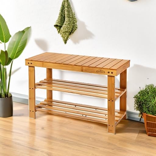 Purawood Bamboo 3 Tier Shoe Rack Bench, Premium Shoe Organizer or Entryway Bench