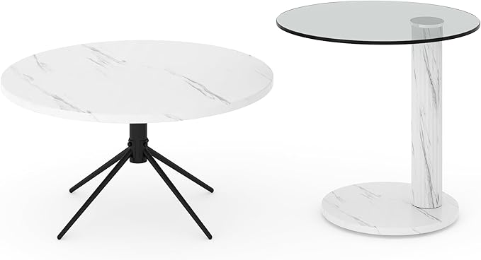 Hooseng Set of 2 Round Coffee Tables, Faux Marble Top and Modern Tempered