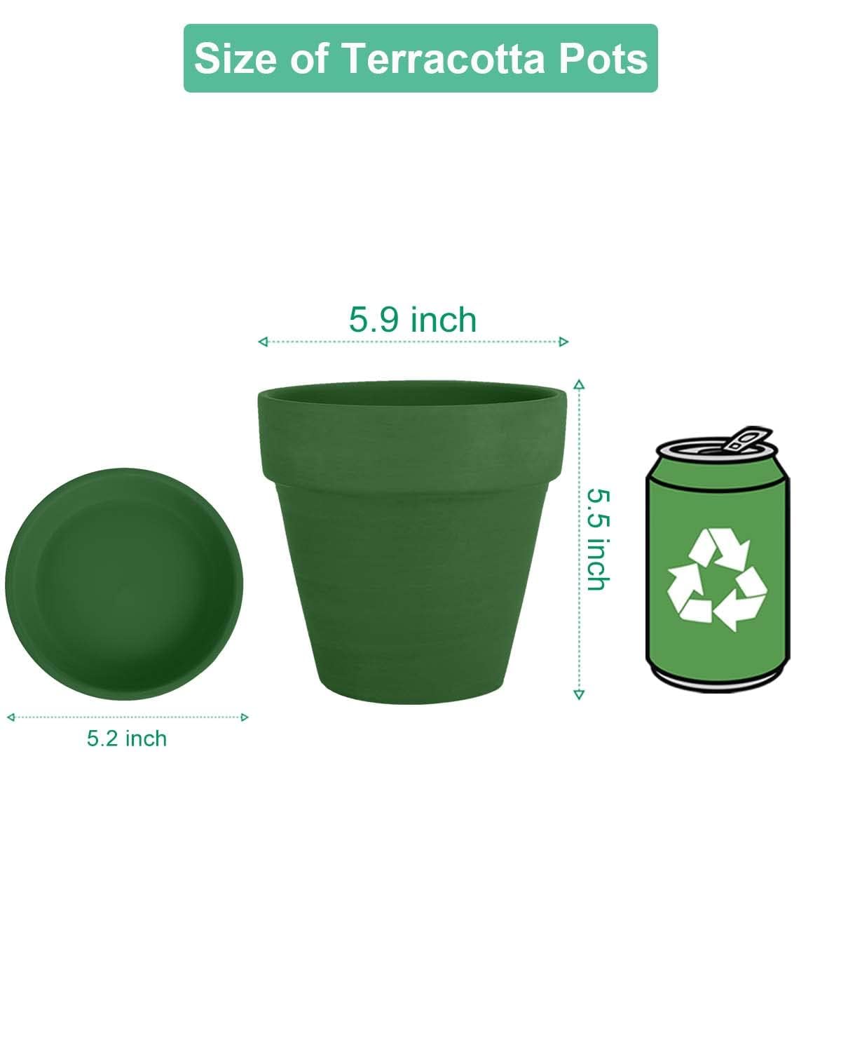 vensovo 6 Inch Green Terracotta & Clay Pots for Plant with Saucer - 4 Pack Medium Terra Cotta Planter with Drainage Hole, Flowerpot for Indoor Outdoor Plants, Crafts, Wedding Favor
