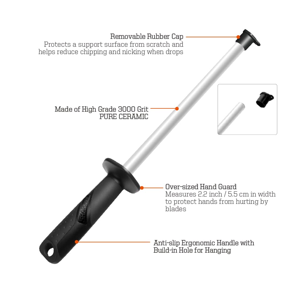 SHARPAL 118N Professional Ceramic Sharpening Fine Honing Rod Steel Kitchen Knife Sharpener Stick, With Anti-Breaking Cap