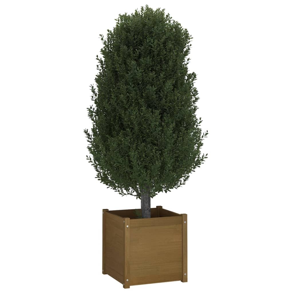 MINERWALL Honey Brown Solid Pinewood Garden Planter, 19.7 inch Square Outdoor Raised Garden Bed for Flowers, Herbs, Vegetables, Weather Resistant Patio Decor