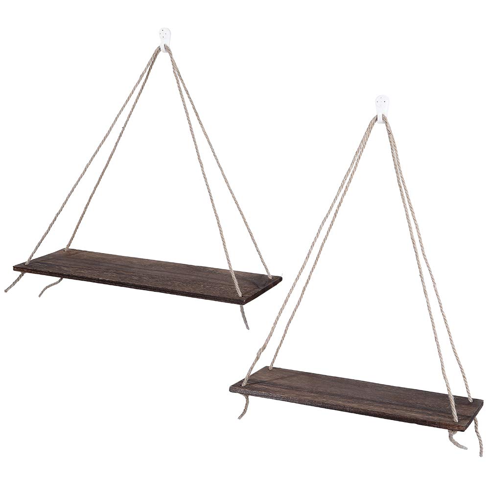 Eeneme 2 x Wooden Hanging Rope Hanging Plant Flower Pot Shelves Home Decorations (Retro Colour)