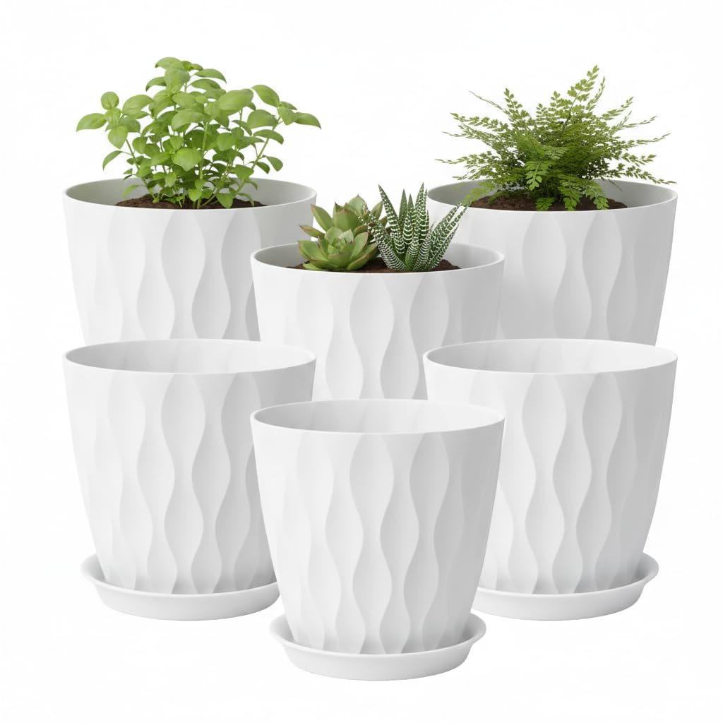 LESOASIS Plant Pots 8 Inch, 6 Pack Plastic Flower Pots for Indoor & Outdoor Plants, Planters with Drainage Holes and Saucer, Garden Pot for Plants (White)