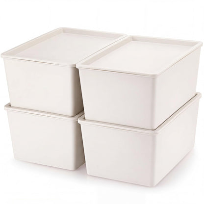 Menkxi 4 Pcs Storage Bins with Lids Plastic Stackable Containers for Organizing Shelves Christmas Ornament Box Baskets(Beige,Small)