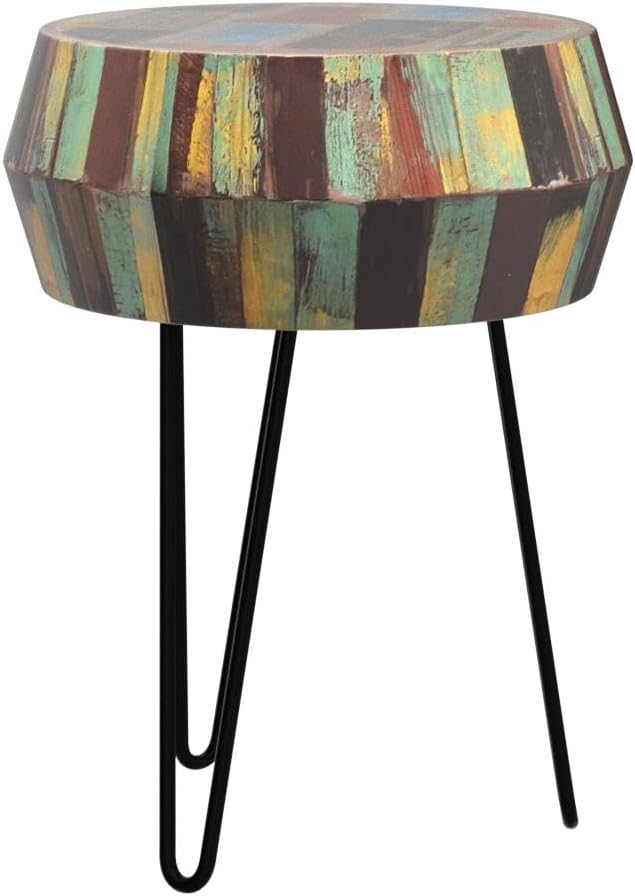 Drum Round Wood Side Table 16" x 16" x 21" H Reclaimed Rustic Multicolor Patio