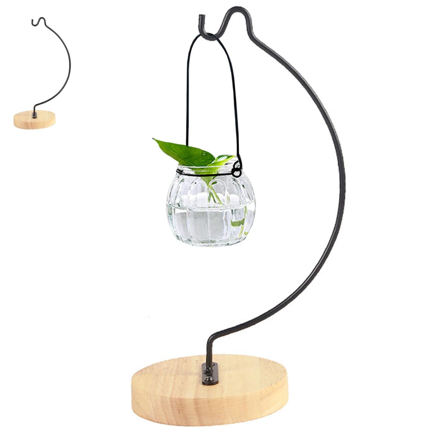 Ngbbby Ornament Display Stand, Iron Hanger Air Plant Holder with Wood Base Terrariums Hanging Plant Stand Pot Hook Decoration Rack for Glass Globe Air Flower Pot, Style 1, Hanging